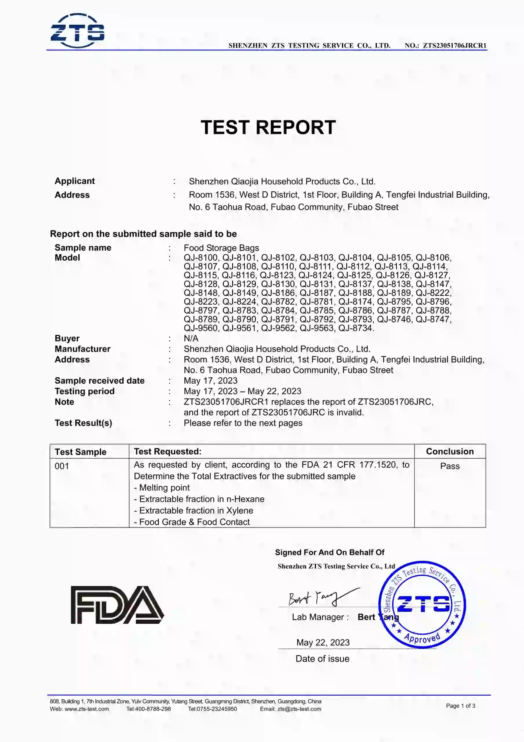 Artfullife® fda certification test report